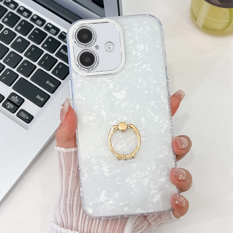 For iPhone 16 Plus Plating Glitter Texture Ring Holder TPU Phone Case with Lens Film