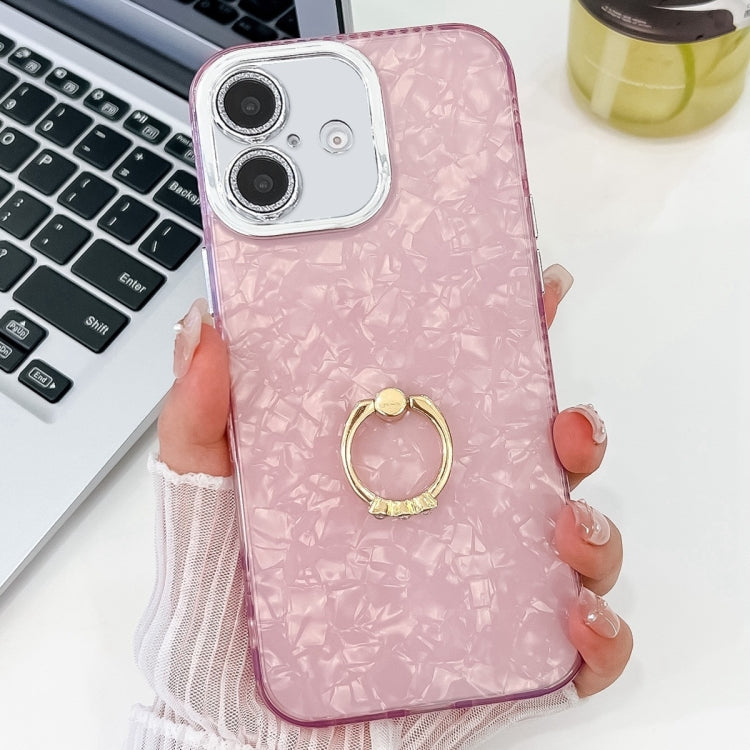 For iPhone 16 Plus Plating Glitter Texture Ring Holder TPU Phone Case with Lens Film
