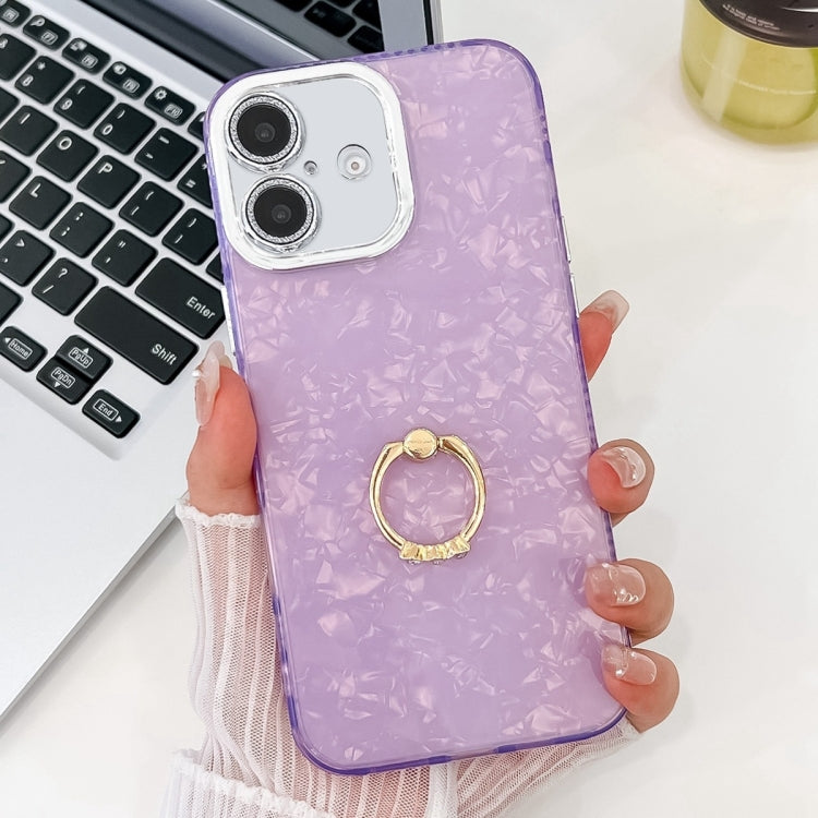 For iPhone 16 Plus Plating Glitter Texture Ring Holder TPU Phone Case with Lens Film