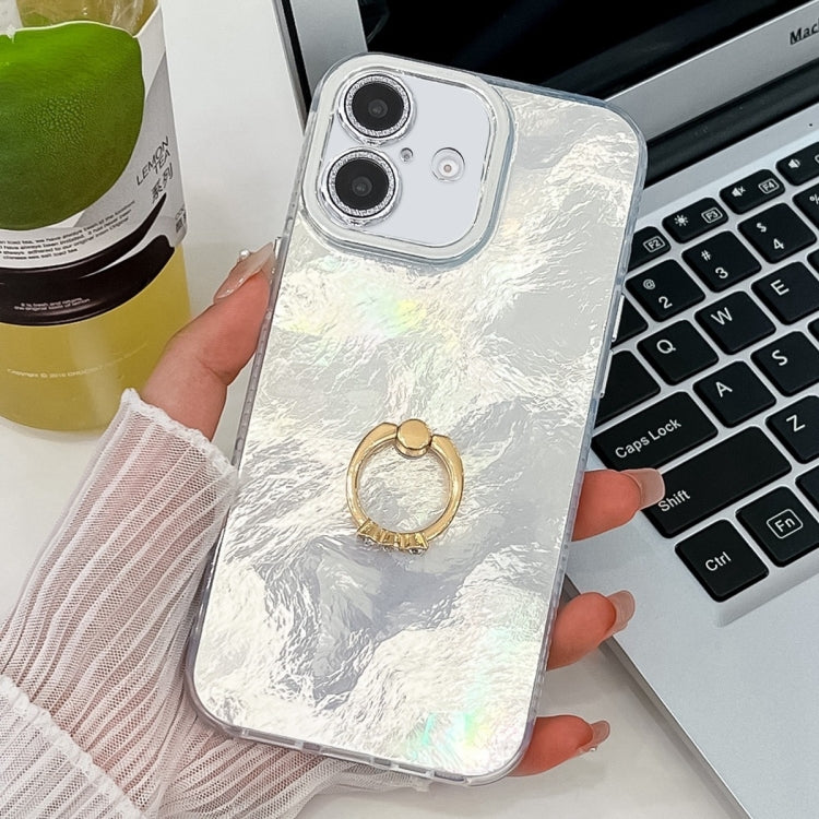 For iPhone 16 Plus Plating Glitter Texture Ring Holder TPU Phone Case with Lens Film