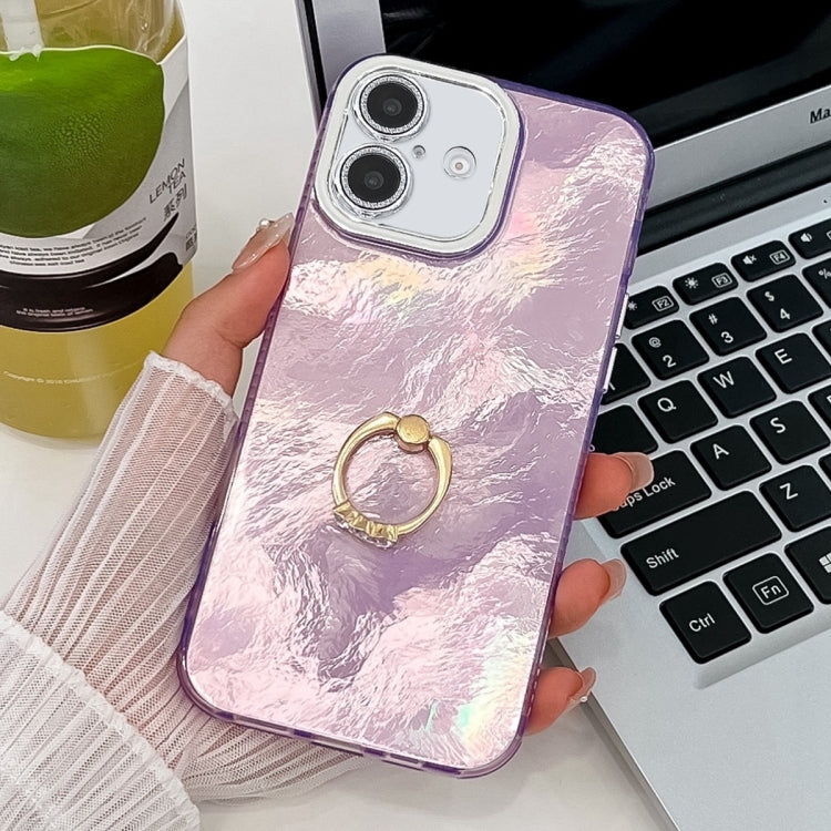 For iPhone 16 Plus Plating Glitter Texture Ring Holder TPU Phone Case with Lens Film
