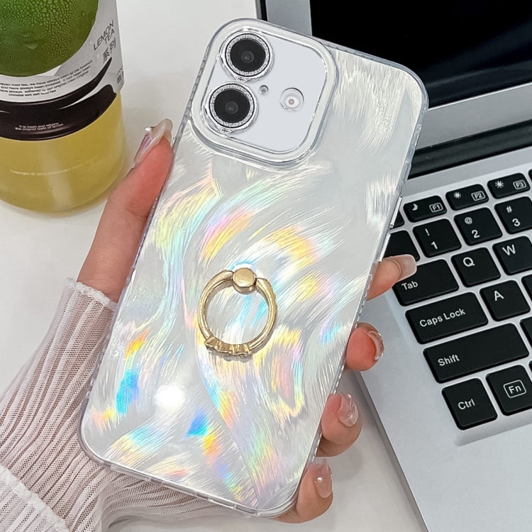 For iPhone 16 Plus Plating Glitter Texture Ring Holder TPU Phone Case with Lens Film