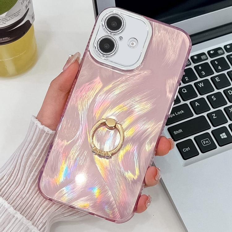 For iPhone 16 Plus Plating Glitter Texture Ring Holder TPU Phone Case with Lens Film
