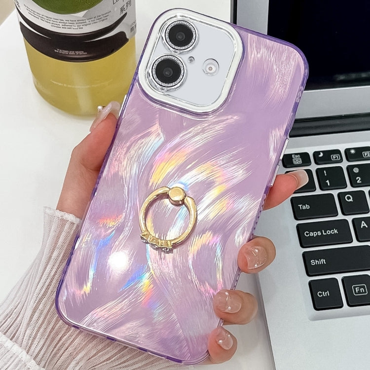 For iPhone 16 Plus Plating Glitter Texture Ring Holder TPU Phone Case with Lens Film