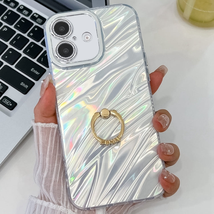 For iPhone 16 Plating Glitter Texture Ring Holder TPU Phone Case with Lens Film