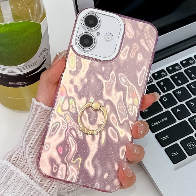 For iPhone 16 Plating Glitter Texture Ring Holder TPU Phone Case with Lens Film