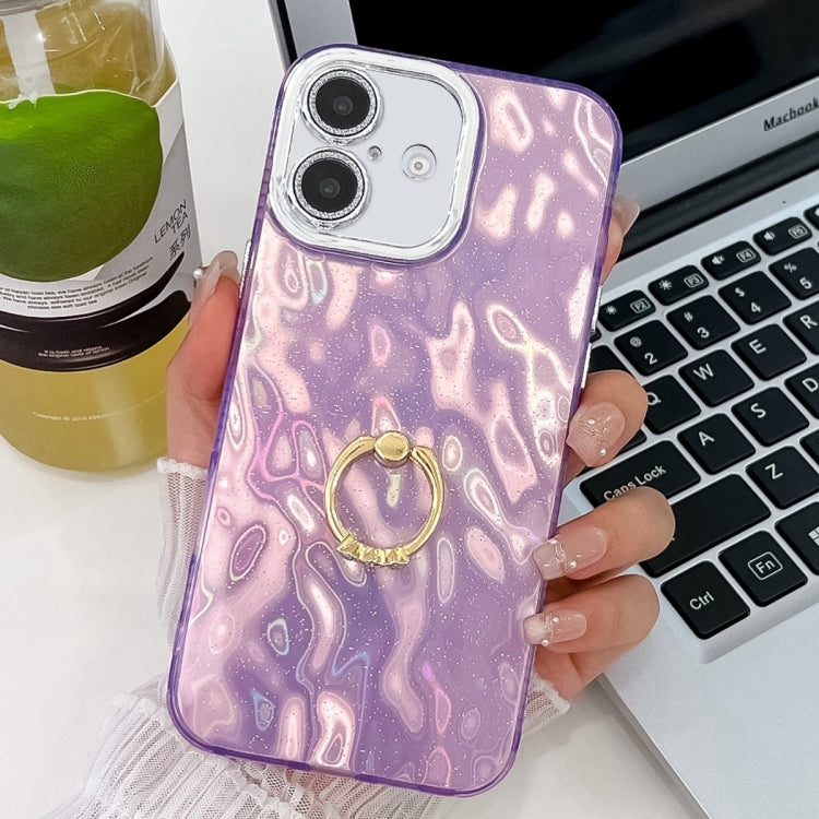 For iPhone 16 Plating Glitter Texture Ring Holder TPU Phone Case with Lens Film
