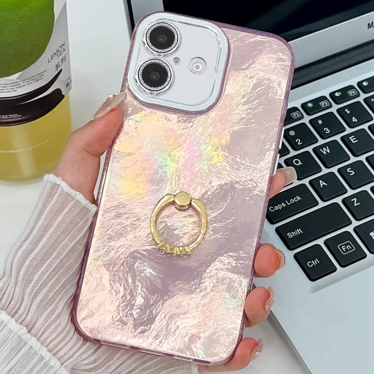 For iPhone 16 Plating Glitter Texture Ring Holder TPU Phone Case with Lens Film