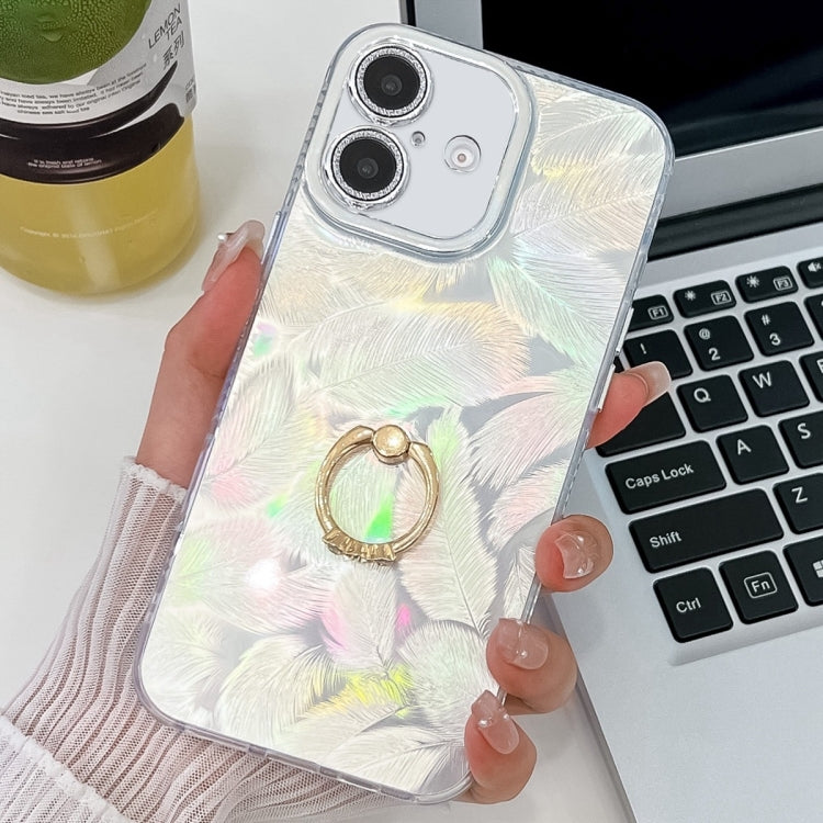 For iPhone 16 Plating Glitter Texture Ring Holder TPU Phone Case with Lens Film