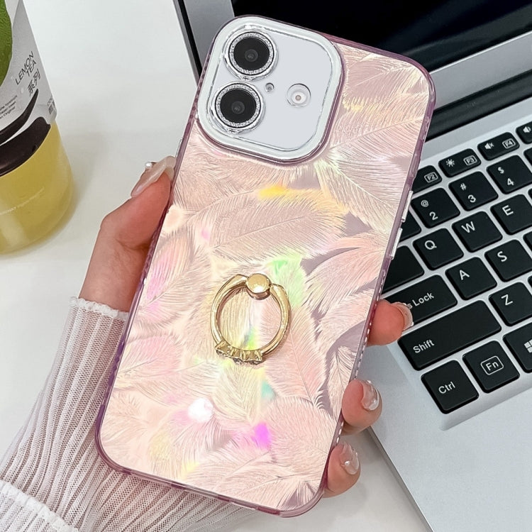 For iPhone 16 Plating Glitter Texture Ring Holder TPU Phone Case with Lens Film