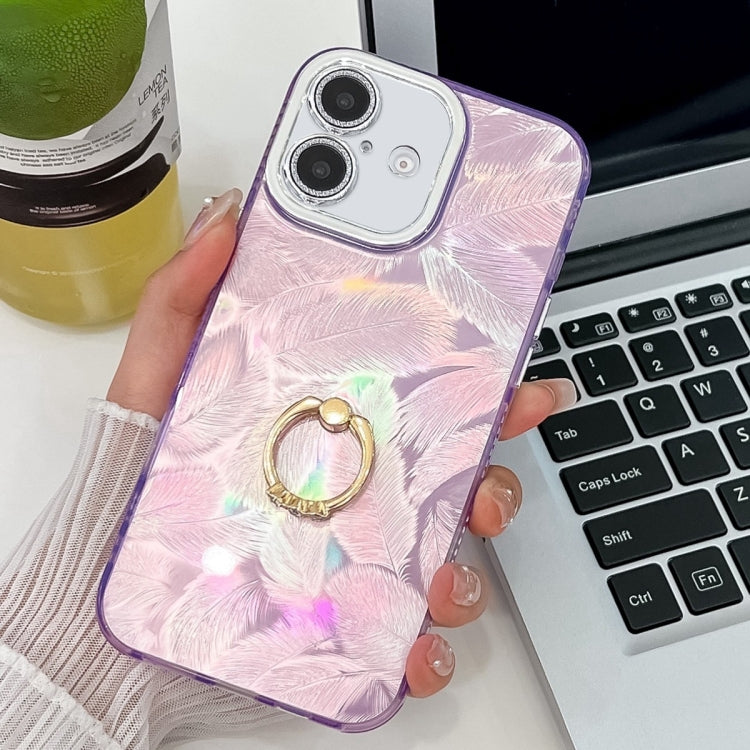For iPhone 16 Plating Glitter Texture Ring Holder TPU Phone Case with Lens Film