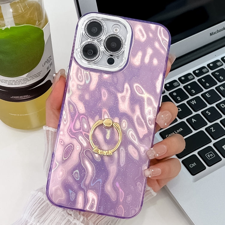 For iPhone 15 Pro Max Plating Glitter Texture Ring Holder TPU Phone Case with Lens Film