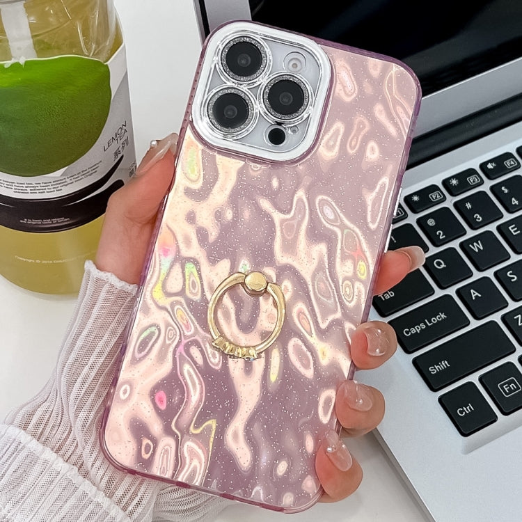 For iPhone 15 Pro Plating Glitter Texture Ring Holder TPU Phone Case with Lens Film