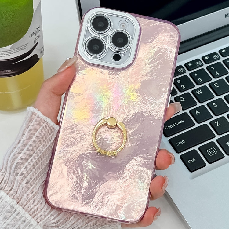 For iPhone 15 Pro Plating Glitter Texture Ring Holder TPU Phone Case with Lens Film