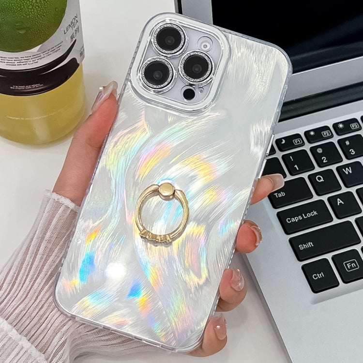For iPhone 15 Pro Plating Glitter Texture Ring Holder TPU Phone Case with Lens Film