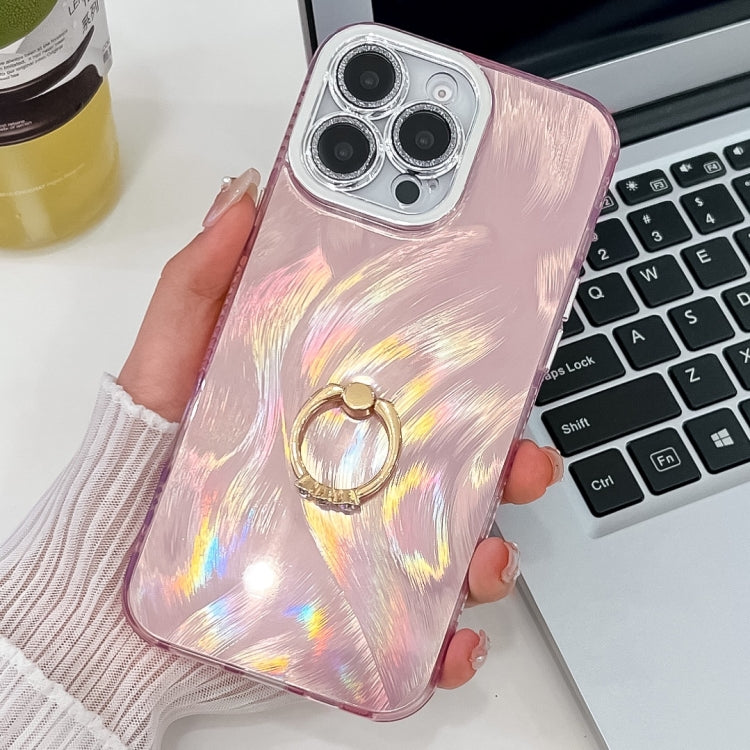 For iPhone 15 Pro Plating Glitter Texture Ring Holder TPU Phone Case with Lens Film