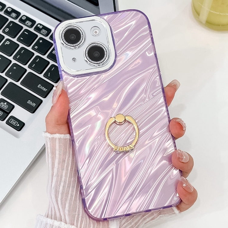 For iPhone 15 Plating Glitter Texture Ring Holder TPU Phone Case with Lens Film