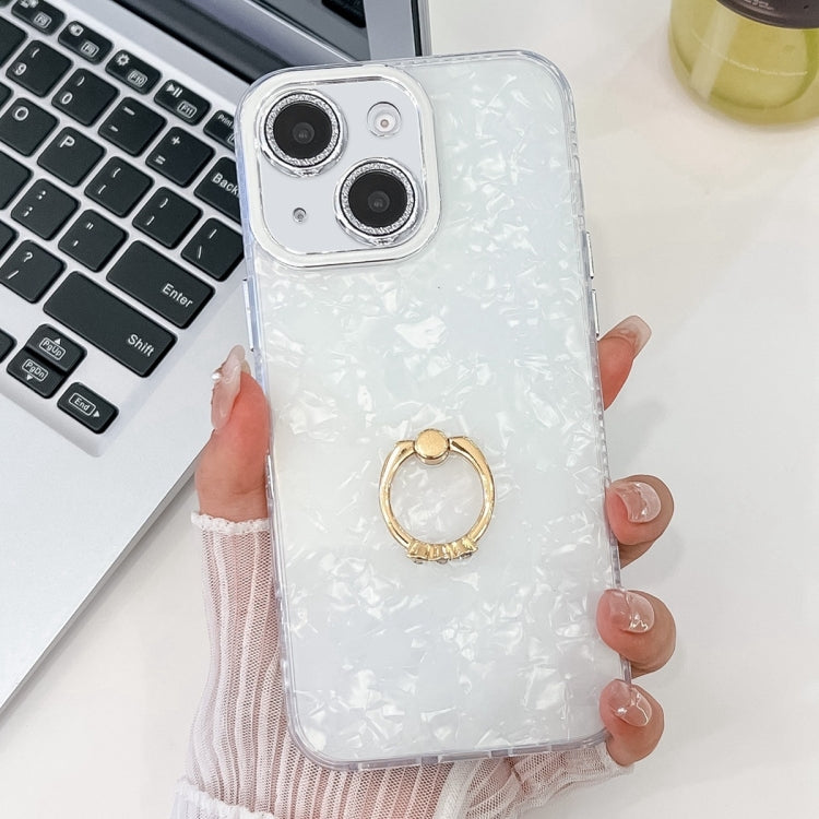 For iPhone 15 Plating Glitter Texture Ring Holder TPU Phone Case with Lens Film