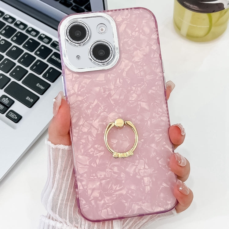 For iPhone 15 Plating Glitter Texture Ring Holder TPU Phone Case with Lens Film