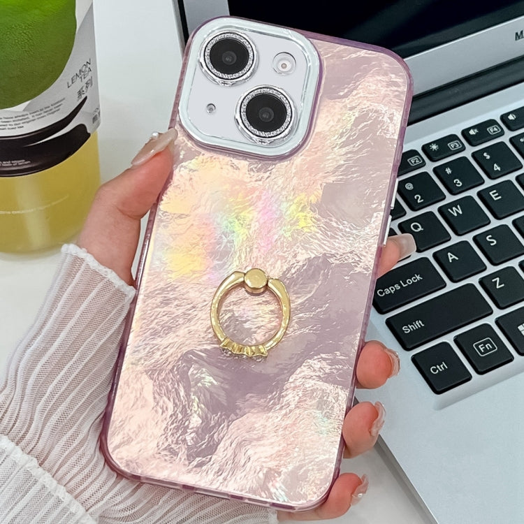 For iPhone 15 Plating Glitter Texture Ring Holder TPU Phone Case with Lens Film