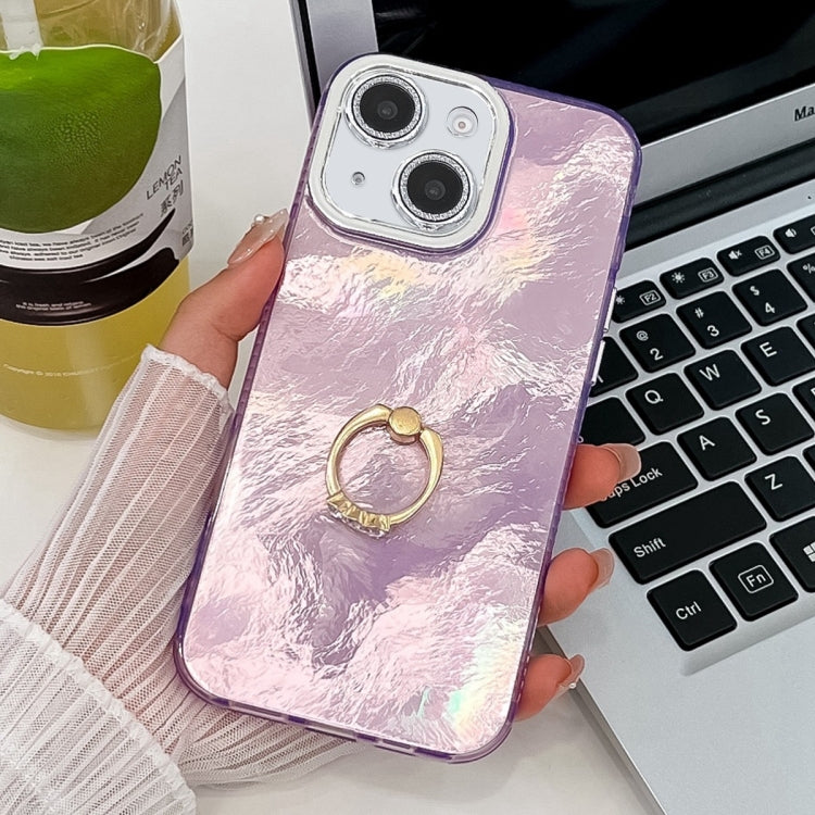 For iPhone 15 Plating Glitter Texture Ring Holder TPU Phone Case with Lens Film