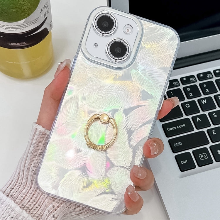 For iPhone 15 Plating Glitter Texture Ring Holder TPU Phone Case with Lens Film
