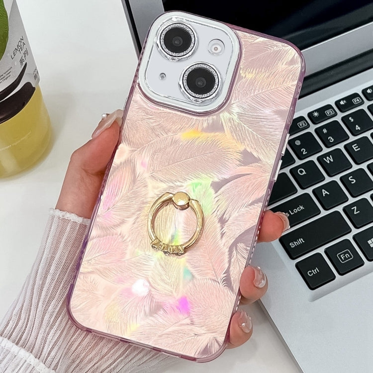 For iPhone 15 Plating Glitter Texture Ring Holder TPU Phone Case with Lens Film