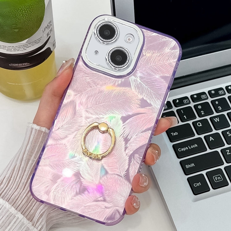 For iPhone 15 Plating Glitter Texture Ring Holder TPU Phone Case with Lens Film