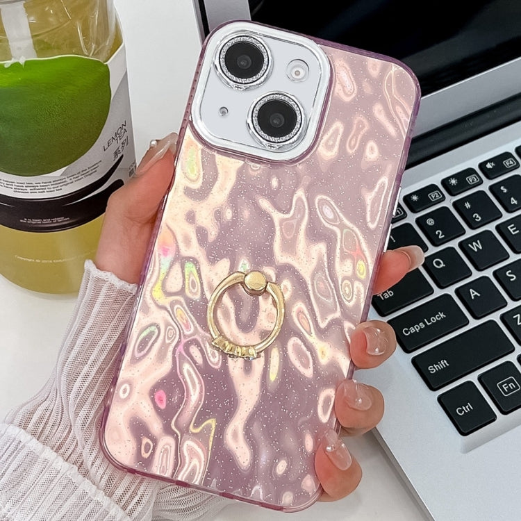 For iPhone 14 Plating Glitter Texture Ring Holder TPU Phone Case with Lens Film