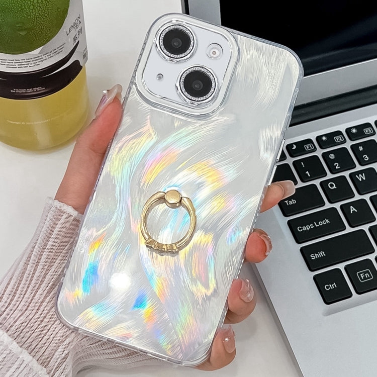 For iPhone 14 Plating Glitter Texture Ring Holder TPU Phone Case with Lens Film