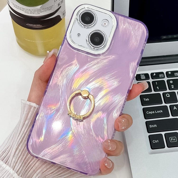 For iPhone 14 Plating Glitter Texture Ring Holder TPU Phone Case with Lens Film