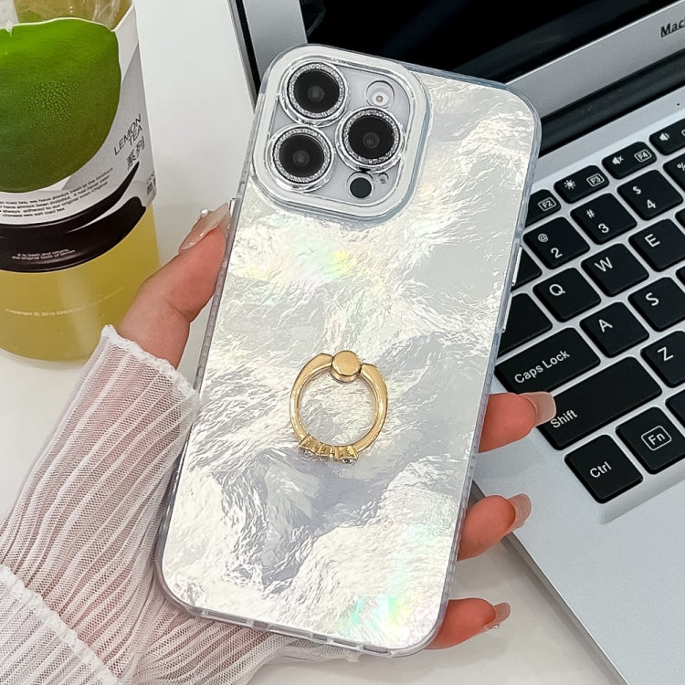 For iPhone 14 Pro Plating Glitter Texture Ring Holder TPU Phone Case with Lens Film