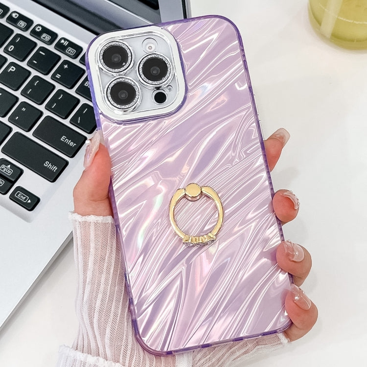 For iPhone 14 Pro Max Plating Glitter Texture Ring Holder TPU Phone Case with Lens Film