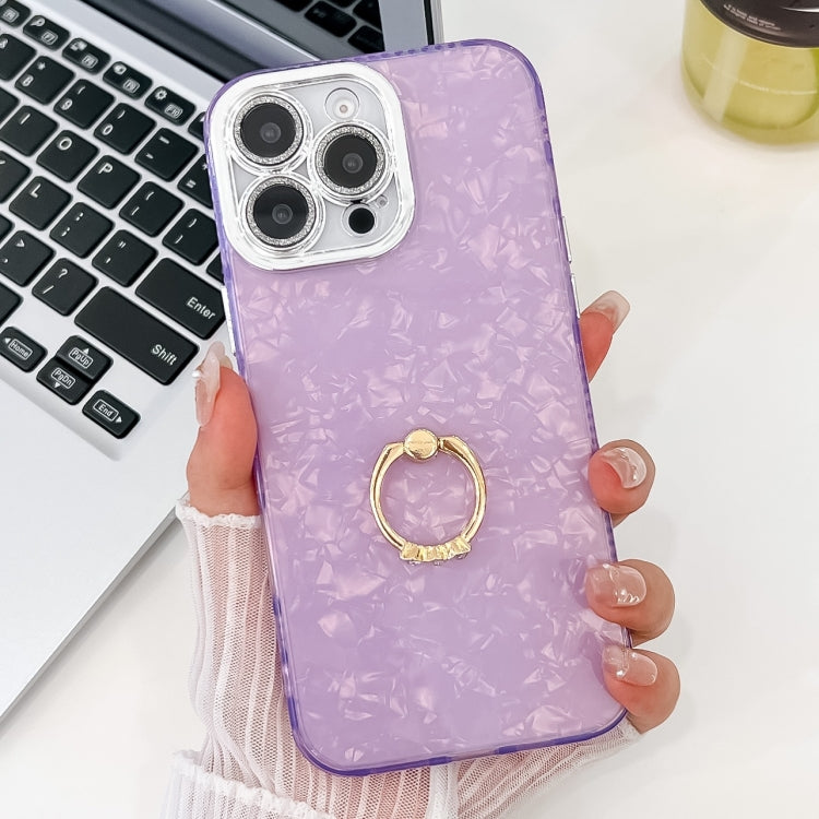 For iPhone 14 Pro Max Plating Glitter Texture Ring Holder TPU Phone Case with Lens Film
