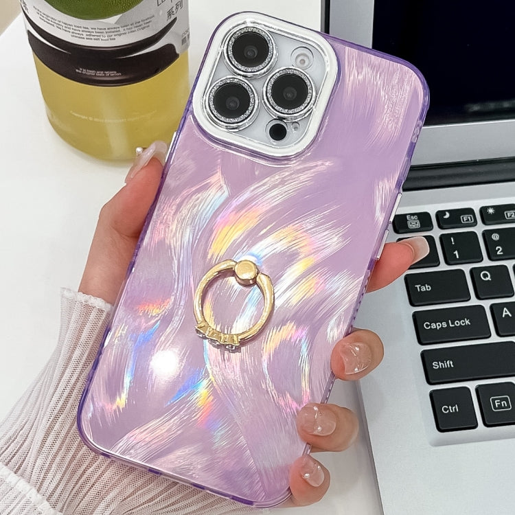For iPhone 14 Pro Max Plating Glitter Texture Ring Holder TPU Phone Case with Lens Film