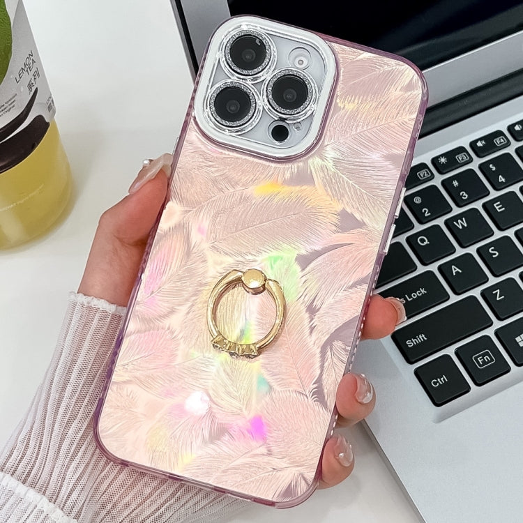 For iPhone 13 Pro Max Plating Glitter Texture Ring Holder TPU Phone Case with Lens Film