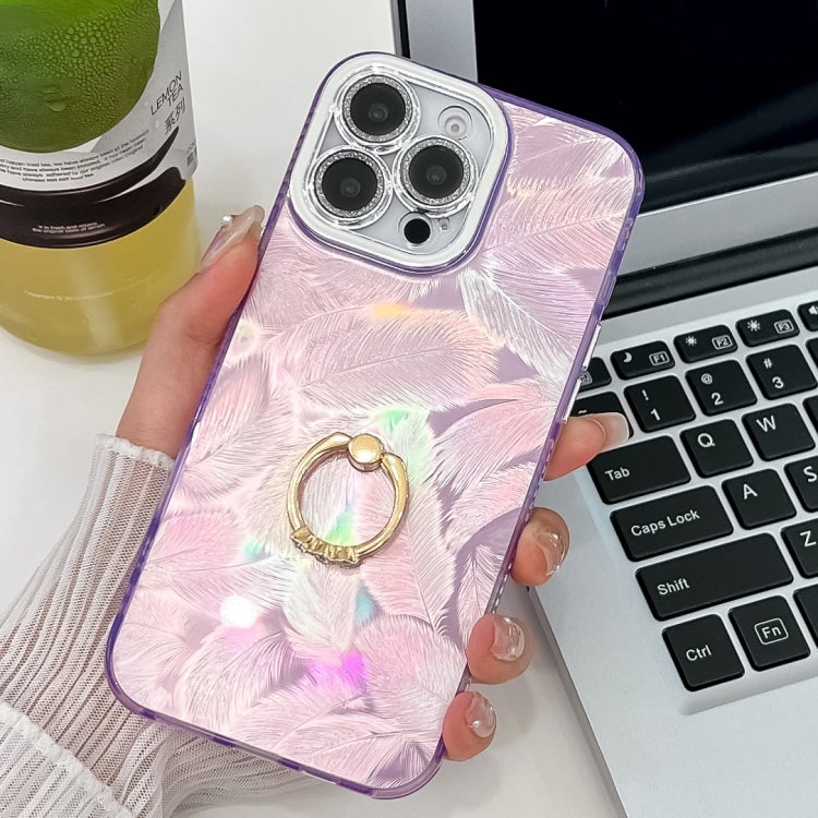 For iPhone 13 Pro Max Plating Glitter Texture Ring Holder TPU Phone Case with Lens Film