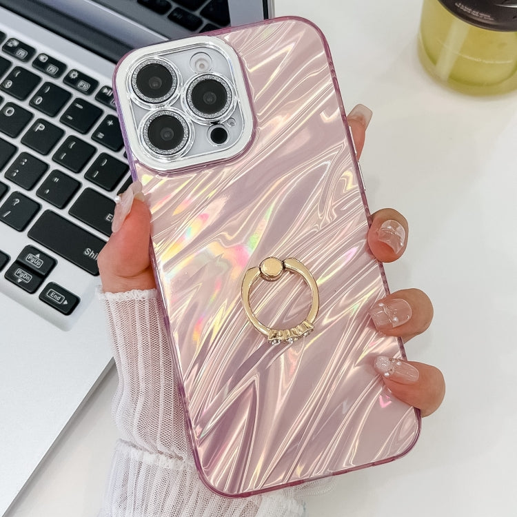 For iPhone 13 Pro Plating Glitter Texture Ring Holder TPU Phone Case with Lens Film