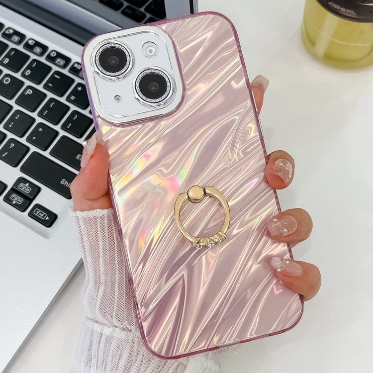 For iPhone 13 Plating Glitter Texture Ring Holder TPU Phone Case with Lens Film