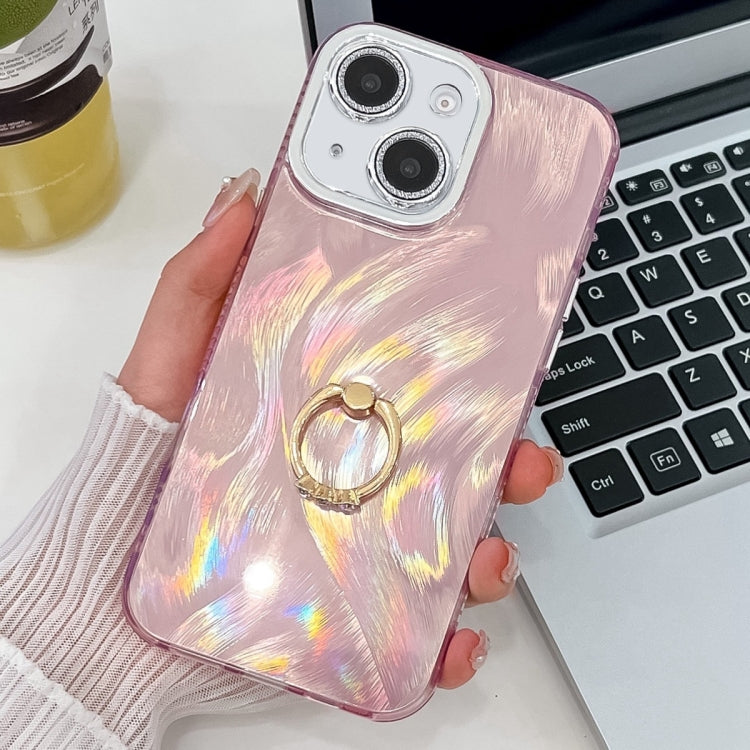 For iPhone 13 Plating Glitter Texture Ring Holder TPU Phone Case with Lens Film