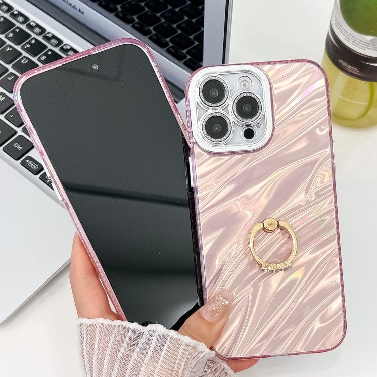 For iPhone 16 Plating Glitter Texture Ring Holder TPU Phone Case with Lens Film