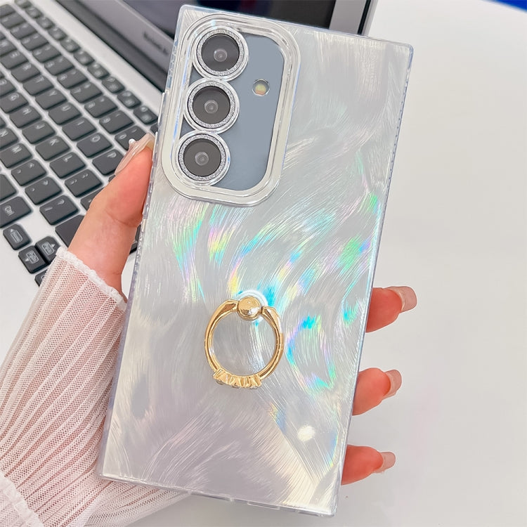 For Samsung Galaxy A55 5G Plating Glitter Texture Ring Holder TPU Phone Case with Lens Film