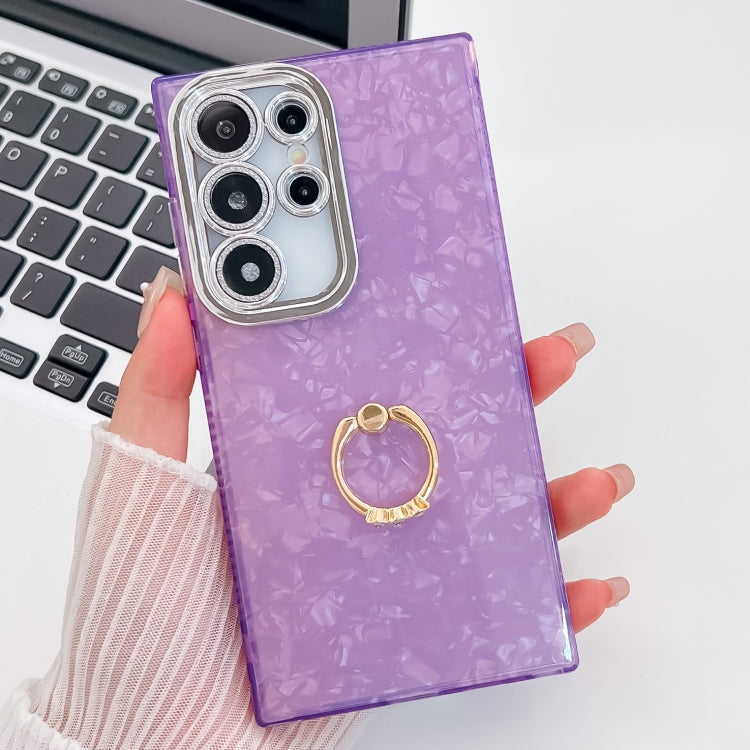 For Samsung Galaxy S24 Ultra 5G Plating Glitter Texture Ring Holder TPU Phone Case with Lens Film