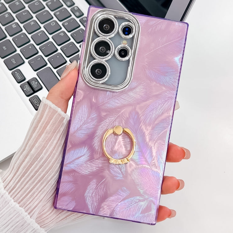 For Samsung Galaxy S24 Ultra 5G Plating Glitter Texture Ring Holder TPU Phone Case with Lens Film