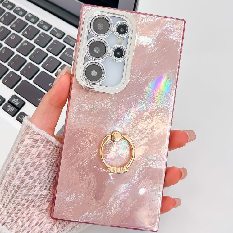 For Samsung Galaxy S24 Ultra 5G Plating Glitter Texture Ring Holder TPU Phone Case with Lens Film