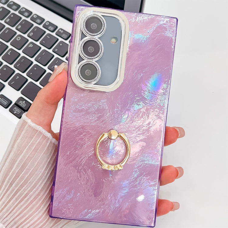For Samsung Galaxy S24+ 5G Plating Glitter Texture Ring Holder TPU Phone Case with Lens Film