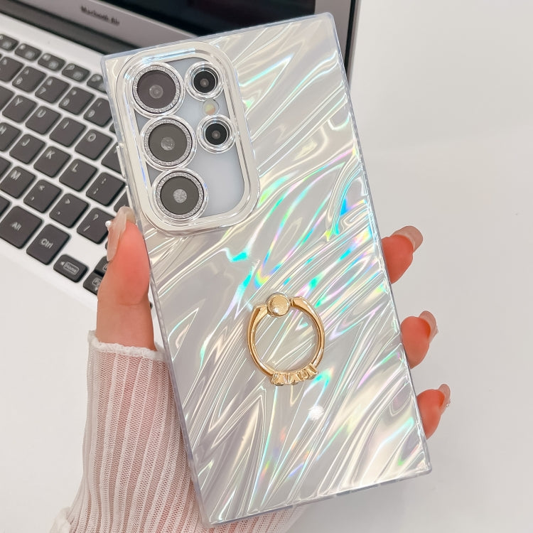 For Samsung Galaxy S23 Ultra 5G Plating Glitter Texture Ring Holder TPU Phone Case with Lens Film