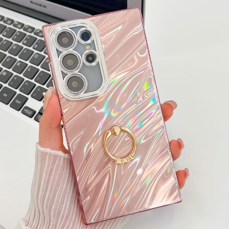 For Samsung Galaxy S23 Ultra 5G Plating Glitter Texture Ring Holder TPU Phone Case with Lens Film