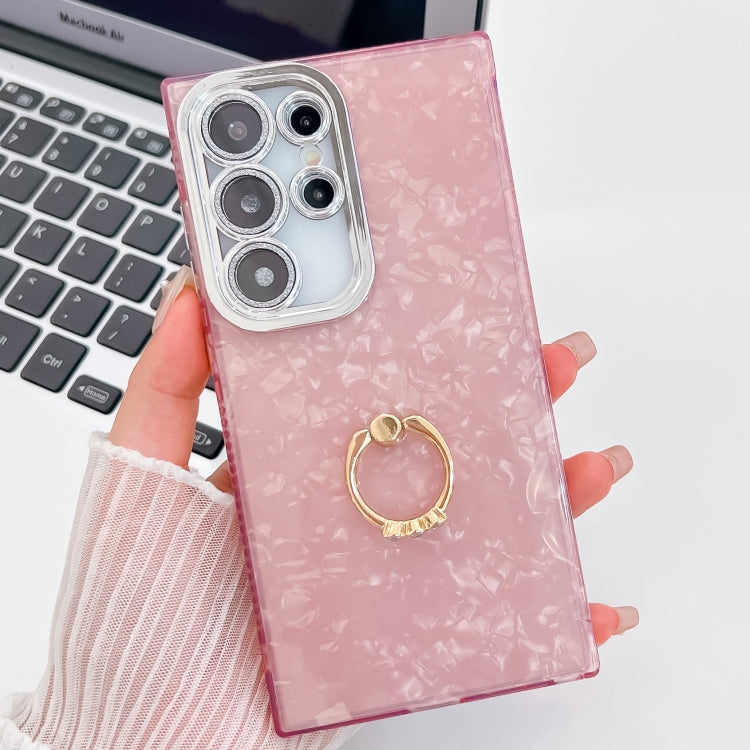For Samsung Galaxy S23 Ultra 5G Plating Glitter Texture Ring Holder TPU Phone Case with Lens Film