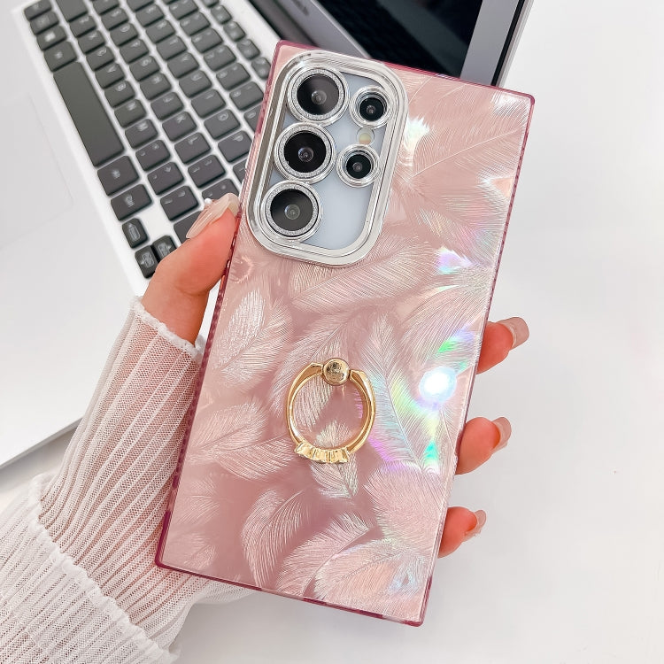 For Samsung Galaxy S23 Ultra 5G Plating Glitter Texture Ring Holder TPU Phone Case with Lens Film